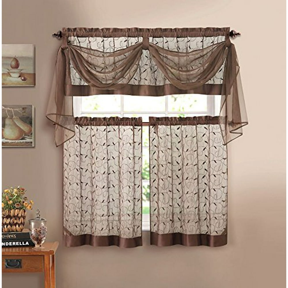 Linen Leaf 4 Piece Kitchen Curtain Set By Victoria Classics (Chocolate