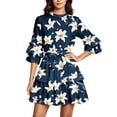 thumbnail image 2 of ClodeEU Women's Floral Print Round Neck 3/4 Bubble Sleeve Waist Tie Ruffle Mini Dress,Elegant Casual Swing Dress Navy,Women's Plus M, 2 of 5