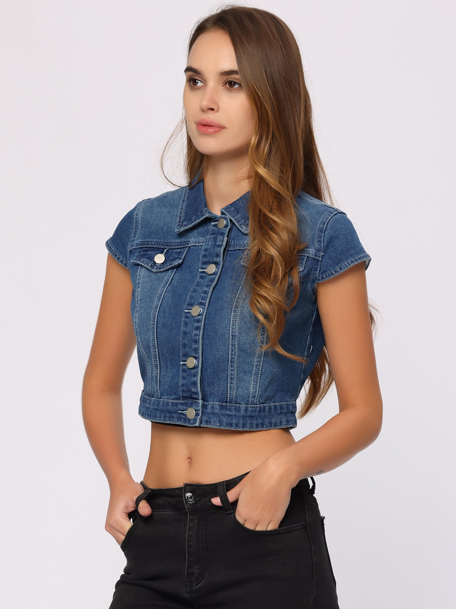 DARING DIVA Women's Cap Short Sleeve Cropped Denim Jacket M Blue