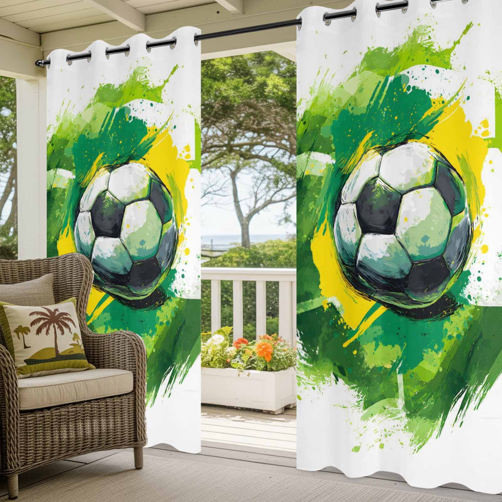 Soccer Sport Outdoor Curtains for Patio, Modern Dynamic Football Match Abstract Green Yellow Waves Sunshade Privacy Drapes Grommet Waterproof Outside Curtains for Porch Balcony 54"x108", 1 Panel