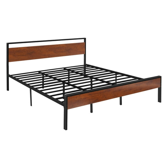 VEVOR King Size Bed Frame, 14 Inch Black Metal Platform Bed Frame with Retro Brown Wooden Headboard and Footboard, Large Under-Bed Storage, Non-Slip Without Noise, No Box Spring Needed, Easy Assembly