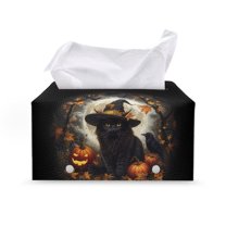 POLERO Tissue Box Cover Holder Rectangular Tissue Cube Cover PU Leather Facial Organizer for Bathroom, Tabletop, Car, Night Stands, Office, Home, Kitchen -Halloween Black Cat