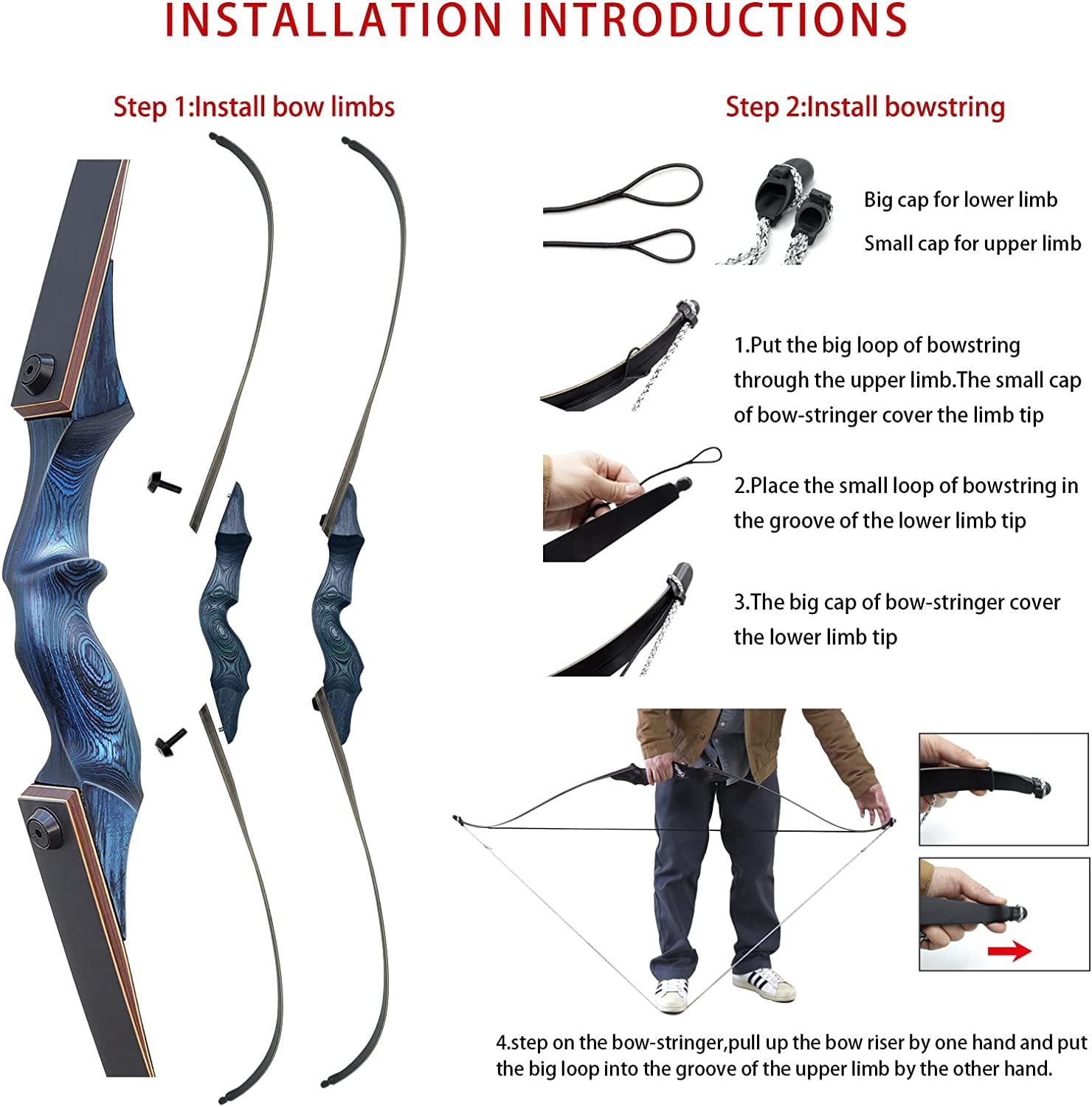 Black Hunter Original Takedown Recurve Bows for Adults Archery Recurve Bow Set 60" 20-60 lbs Right Hand for Outdoor Targets Practice Hunting Training Competition