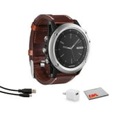 Garmin fenix 3 Sapphire Multisport Fitness Training GPS Watch (Silver with Leather Band) Bundle with USB Adapter