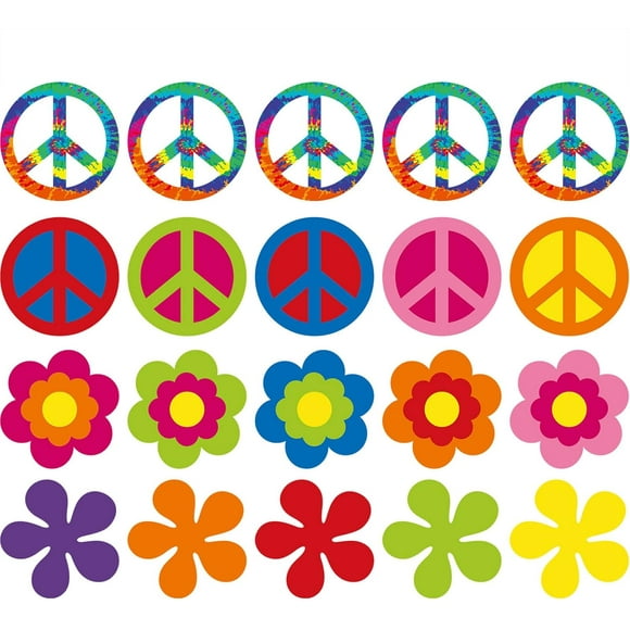 MISSUNNY 40 Pieces 60's Party Cutout 60's Groovy Party Cutouts Decoration Retro Flower Cutouts Peace Sign Cutouts with Glue Point Dots for 60s Theme Party Decorations, 7.9 x 7.9 Inch