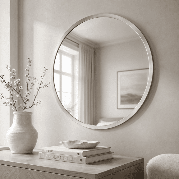 24 Inch Round Wall Mirror with Brushed Nickel Metal Frame, Modern Decorative Mirror for Bathroom and Bedroom