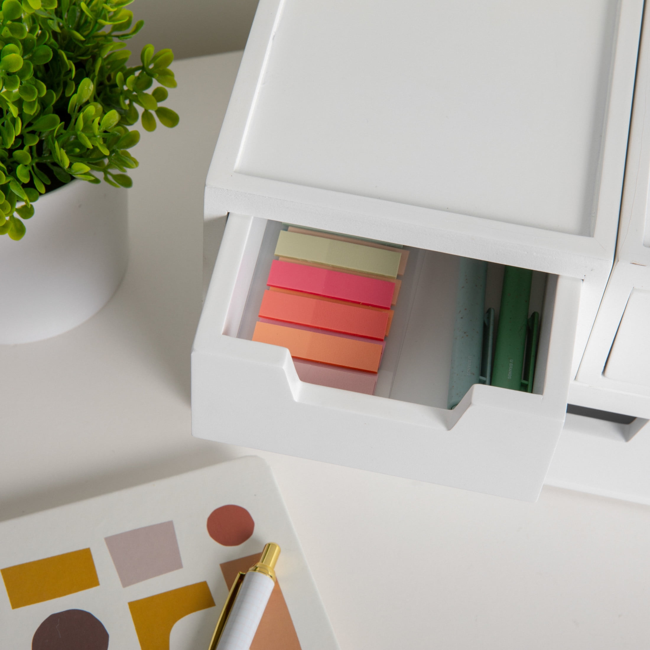 Martha Stewart Weston Stackable White Engineered Wood Boxes with Drawers, Office Desktop Organizers, Set of 3