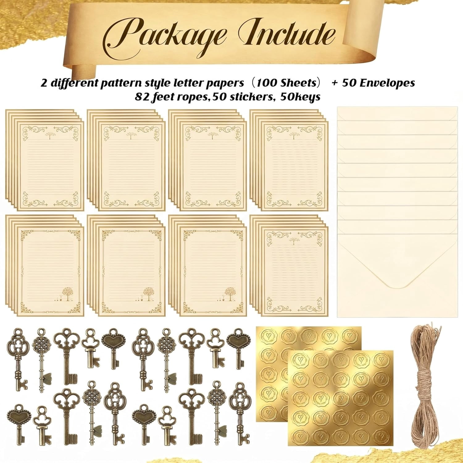 203 Pcs Vintage Stationary Paper and Envelopes Set 100 Lined Writing Letter Kit with Retro Accessories Pendant Sticker Rope for Printing Invitation(Gold Border Style)