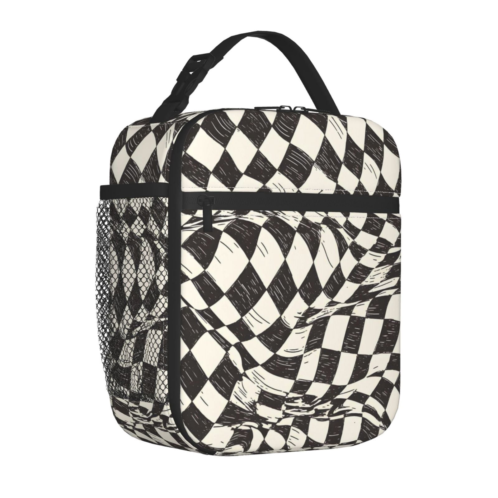 Lunch Bag For Women Men Insulated Portable Lunch Box Bento Box Office Picnic Travel Cooler Bag Black White Checked Hand-Drawn Sketch2