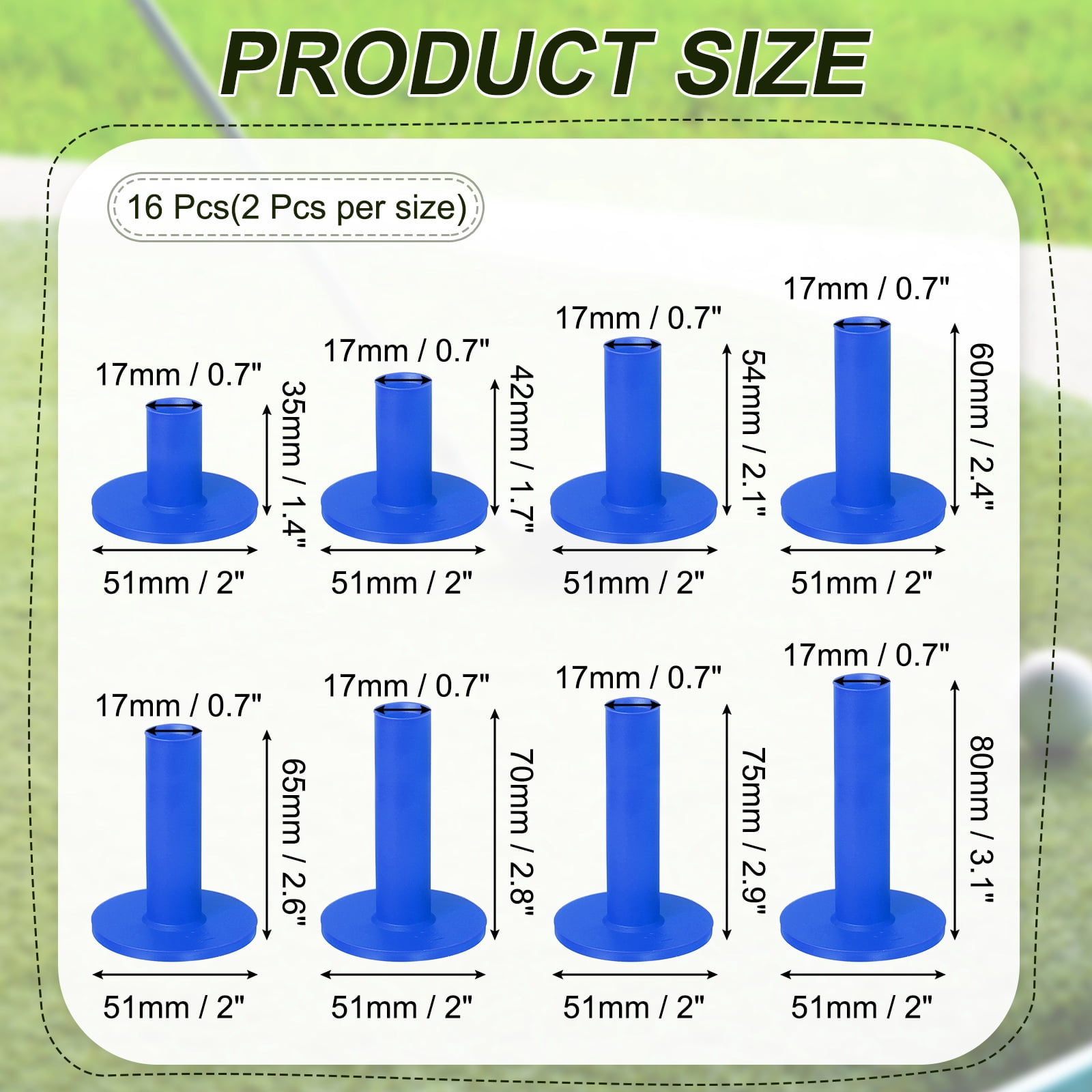 Uxcell Rubber Golf Tees for Mats, 8 Size & 16Pcs & Blue Unbreakable Golf Training Tees Simulator Practice-Fitting for (Indoor Outdoor Practice Backyard Home Office Driving Range)