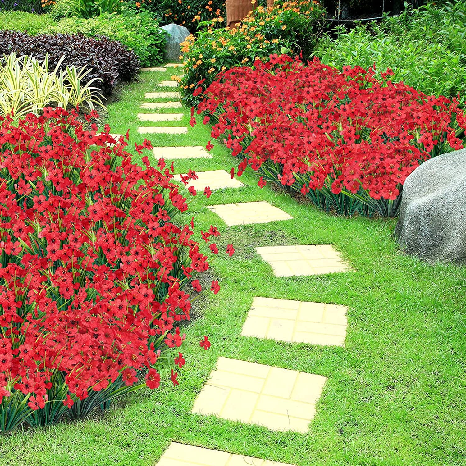 Artificial Flowers for Outdoors Faux Plastic Plants Fake Flowers UV Resistant Greenery Shrubs for Garden Porch Home Window Box Decor (Red)