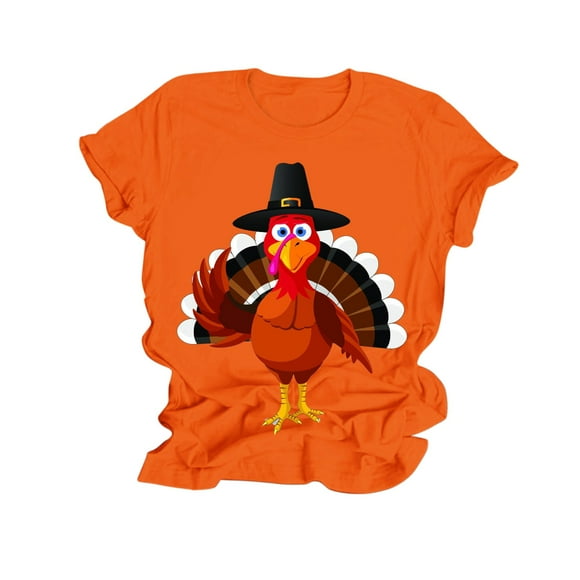 XDZJLR Thanksgiving Shirts For Women Day Printed Short Sleeve Crew Neck T Shirt Top Orange L