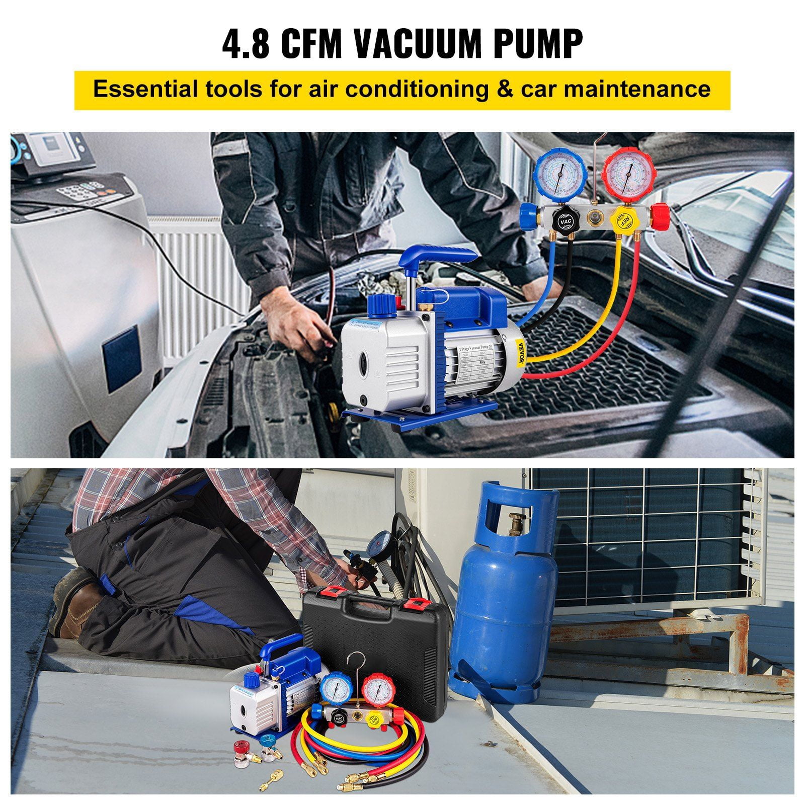 Suction Pump 4.8 CFM 1/4 HP Single Stage HVAC AC Cooling Systems 5 PA Ultimate Vacuum Manifold Gauge Kit R410A R134A R22 Includes 4 Way Gauge Hose