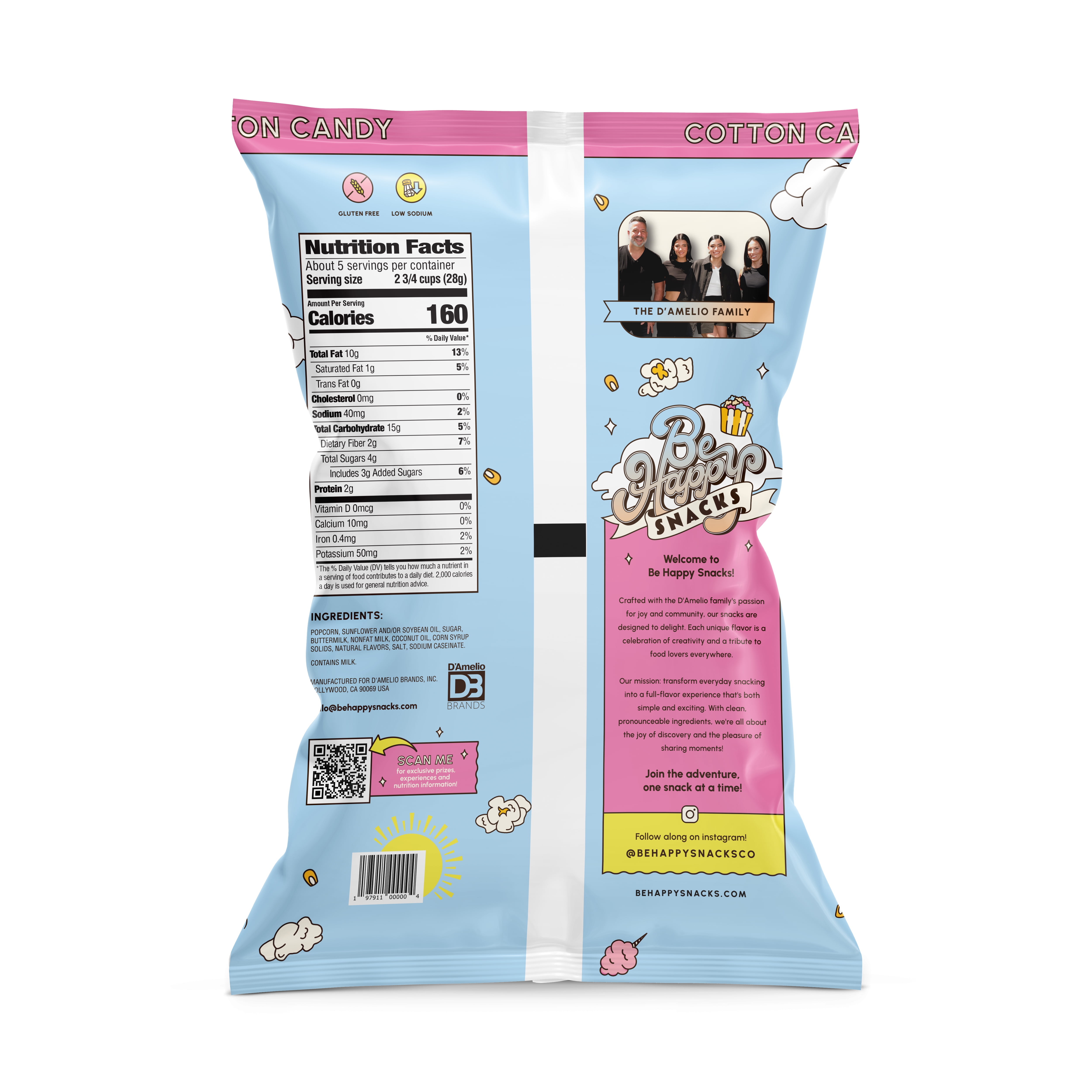 (3 pack) Be Happy Snacks D'Amelio Cotton Candy Popcorn, Gluten-Free, 5 oz