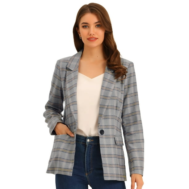 Blazers para mujer Chaqueta tipo blazer a cuadros con solapa con muesca Boyfriend Gris Azul L
