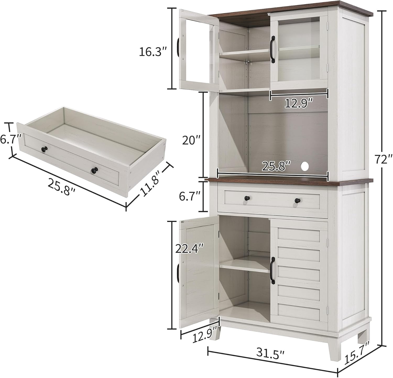 Pantry Cabinet with Charging Station, Tall Kitchen Pantry Storage Cabinet with Microwave Stand, 2 Glass Doors for Living Room, Dining Room