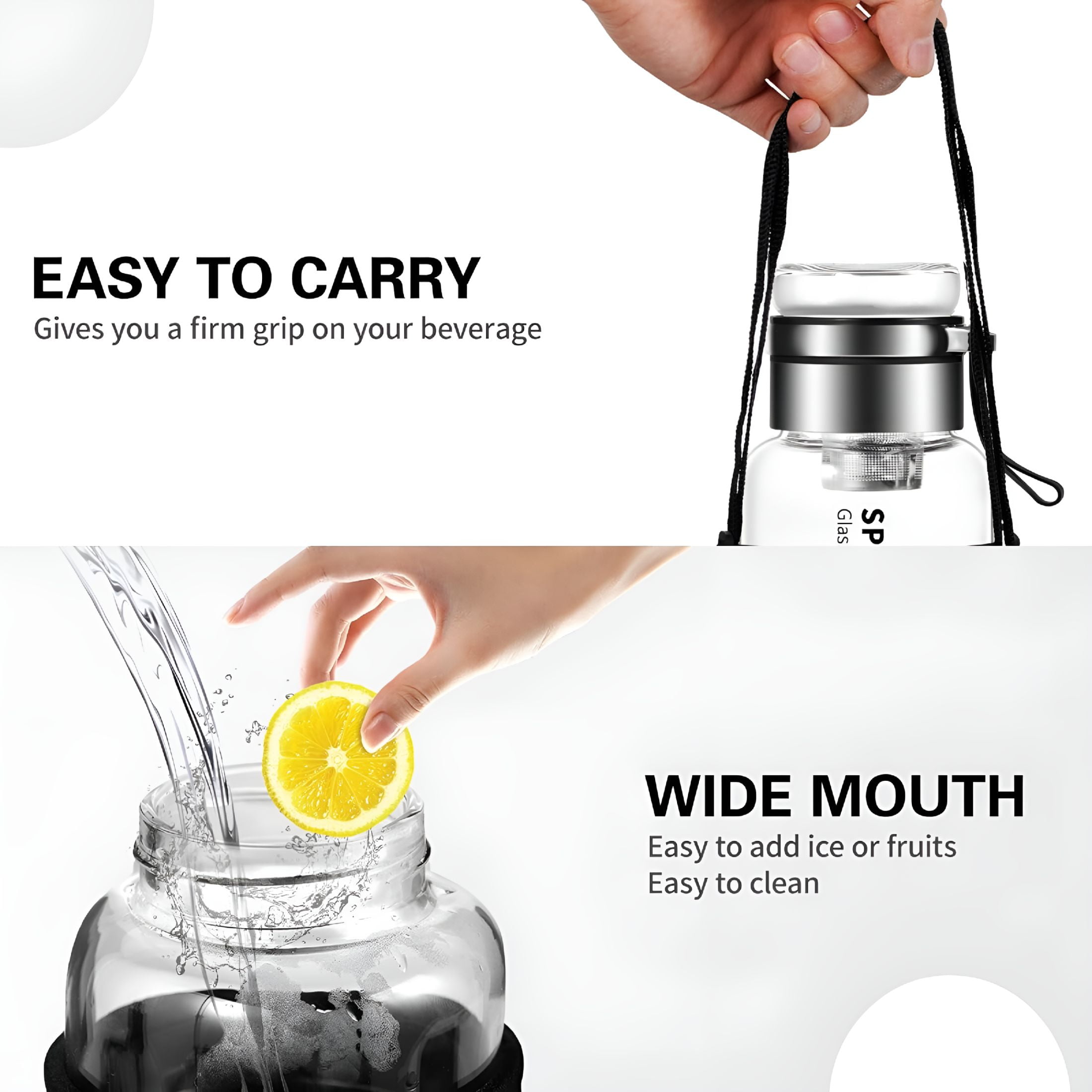 ACDANC 40oz Glass Water Bottles - Large, Clear, Borosilicate Glass Water Bottle with Stainless Tea Infuser - Cup-Function Lid, Neoprene Sleeve, Strap - Wide Mouth BPA free, for Tea, Beverages, Juice