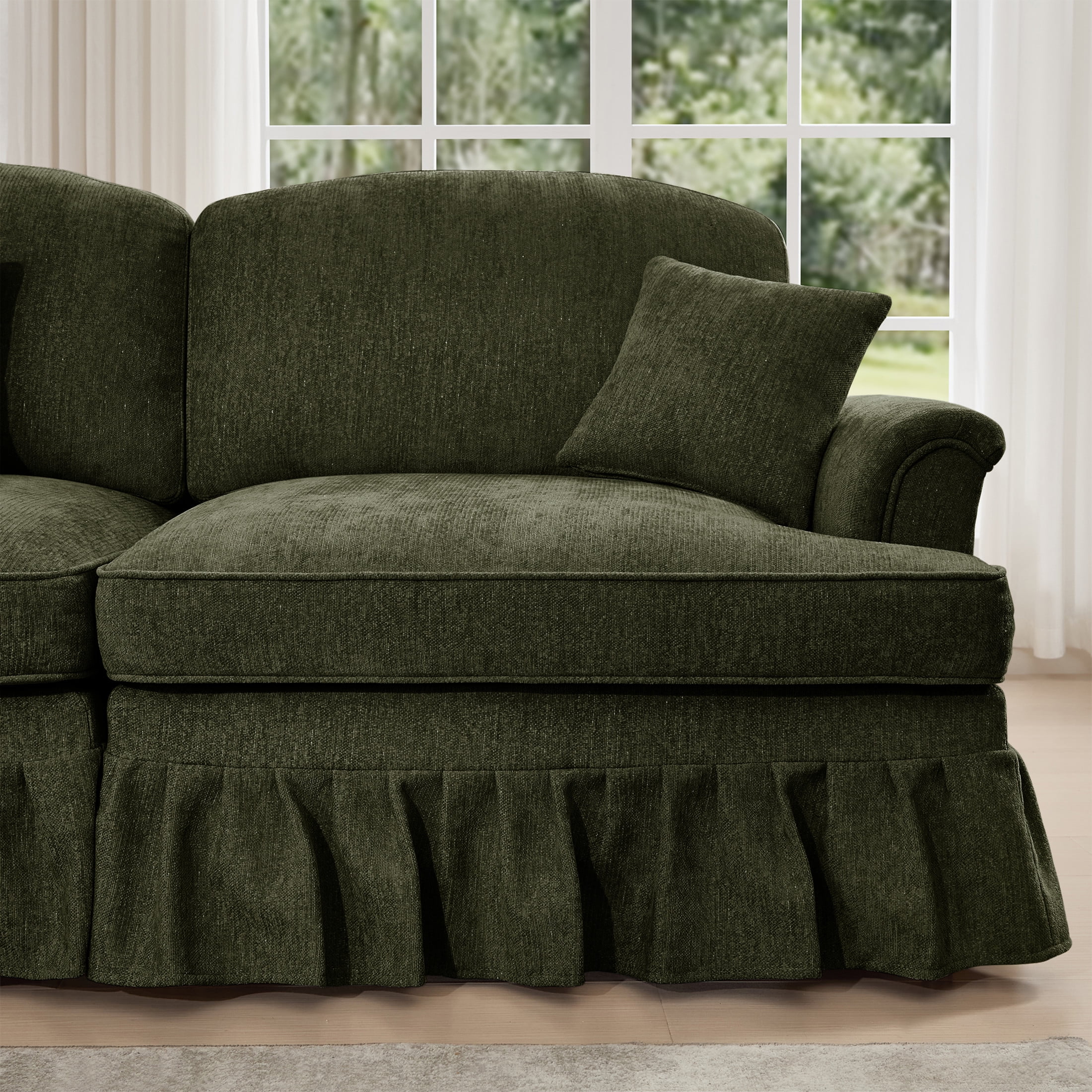 Noble House L-Shaped 2-Seater Sofa with Flared Arms, Removable Pleated Skirt, Spindle Legs, Chenille, Movable Ottoman, Green