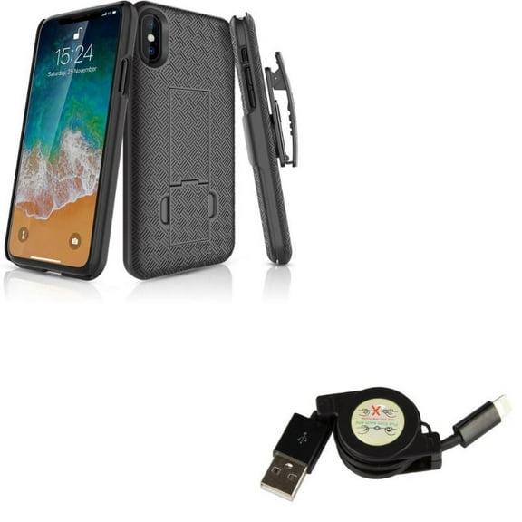 USB Cable w Case Belt Clip for iPhone XS/X - Retractable Charger Power Cord Sync, Holster Swivel Cover Kickstand Armor for iPhone XS/X