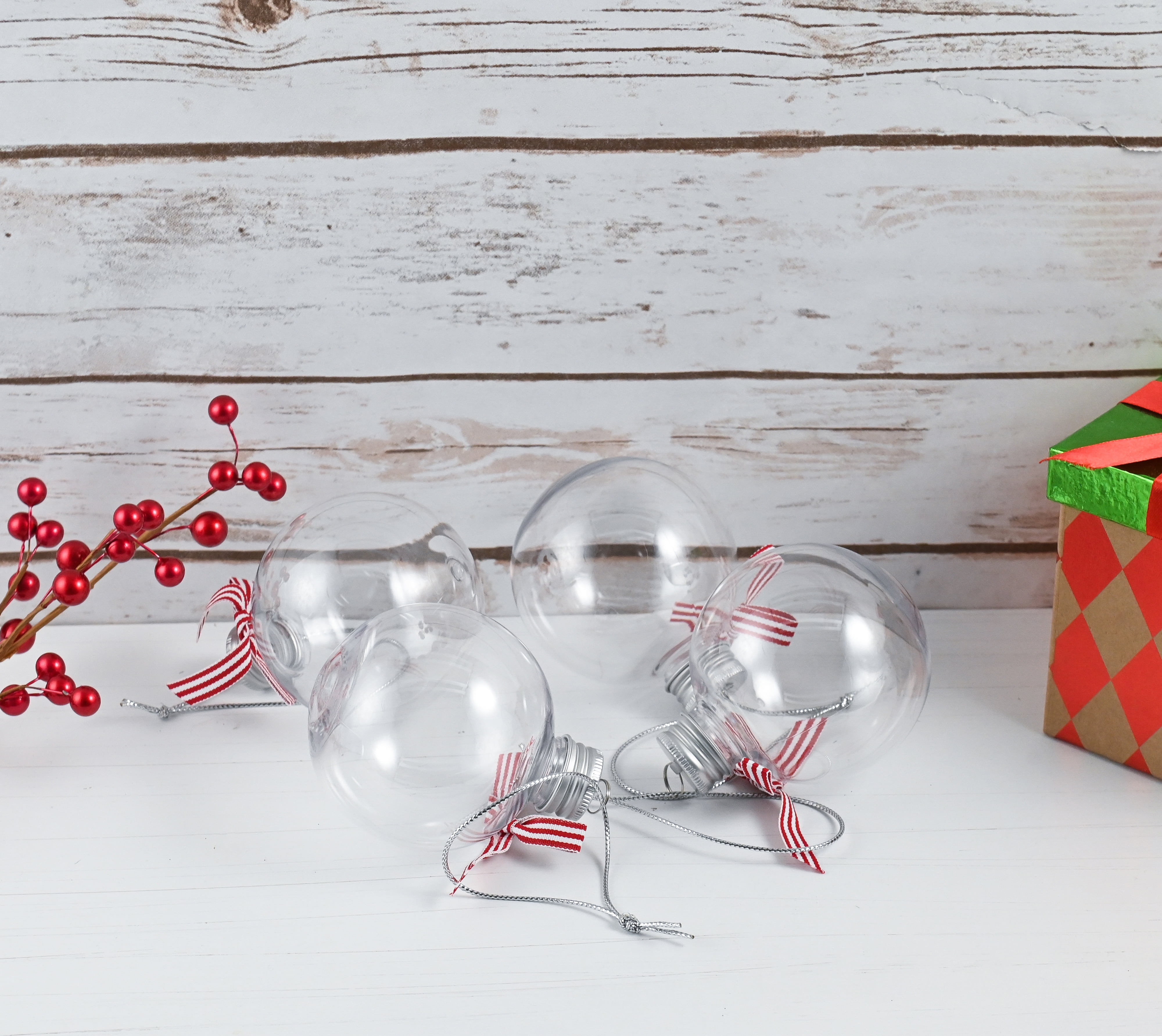 R N' D Toys Clear Fillable Ornaments Shatterproof Transparent Plastic Craft Ornament Balls Décor, Red, White Ribbon - DIY Christmas Sphere Pack of 24