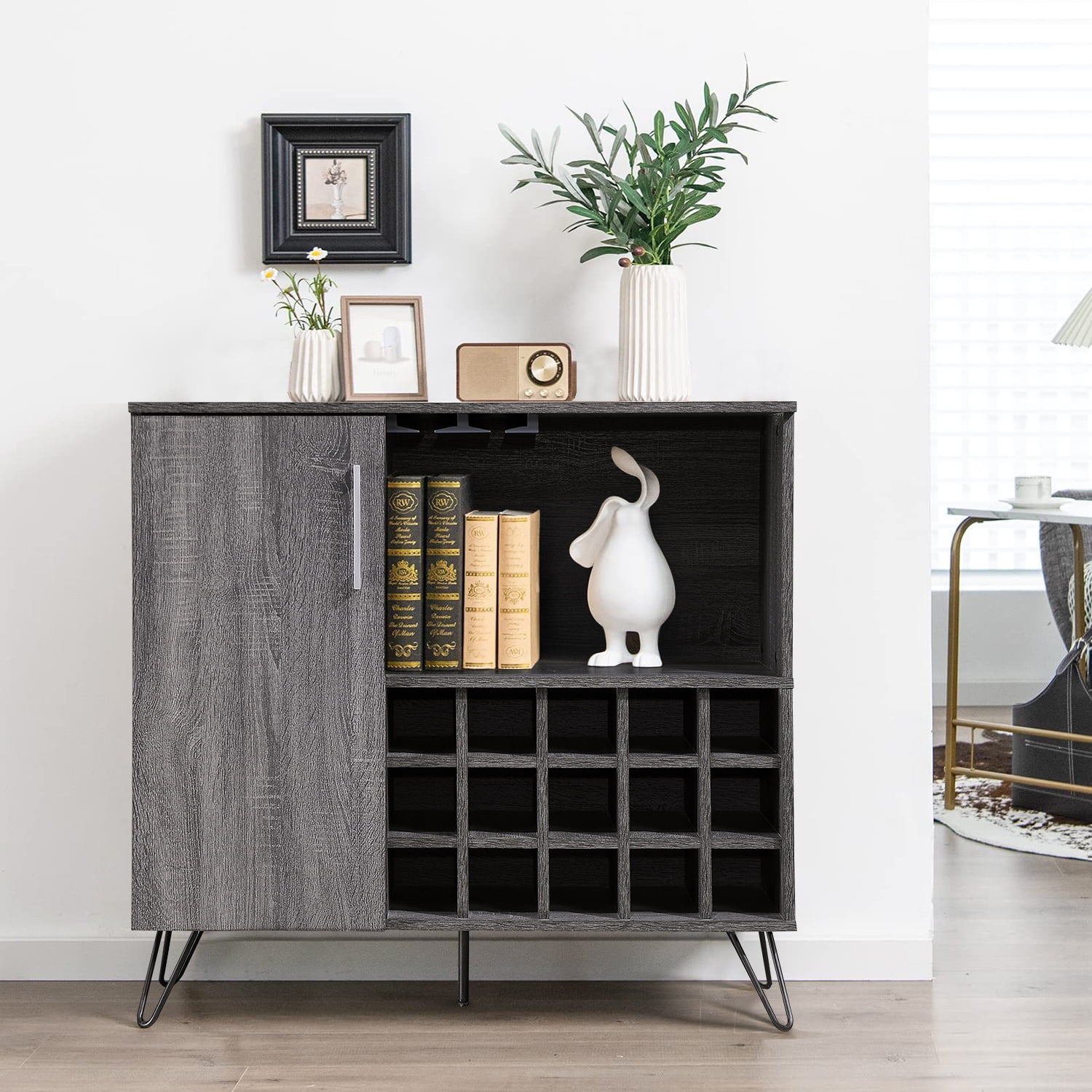 Kadyn Modern Wine Rack Bar Cabinet, Fiberboard Wine Storage Cabinet for Home Bar, Mid Century Wine Cabinet with Cupboard, Plaid Grey Oak