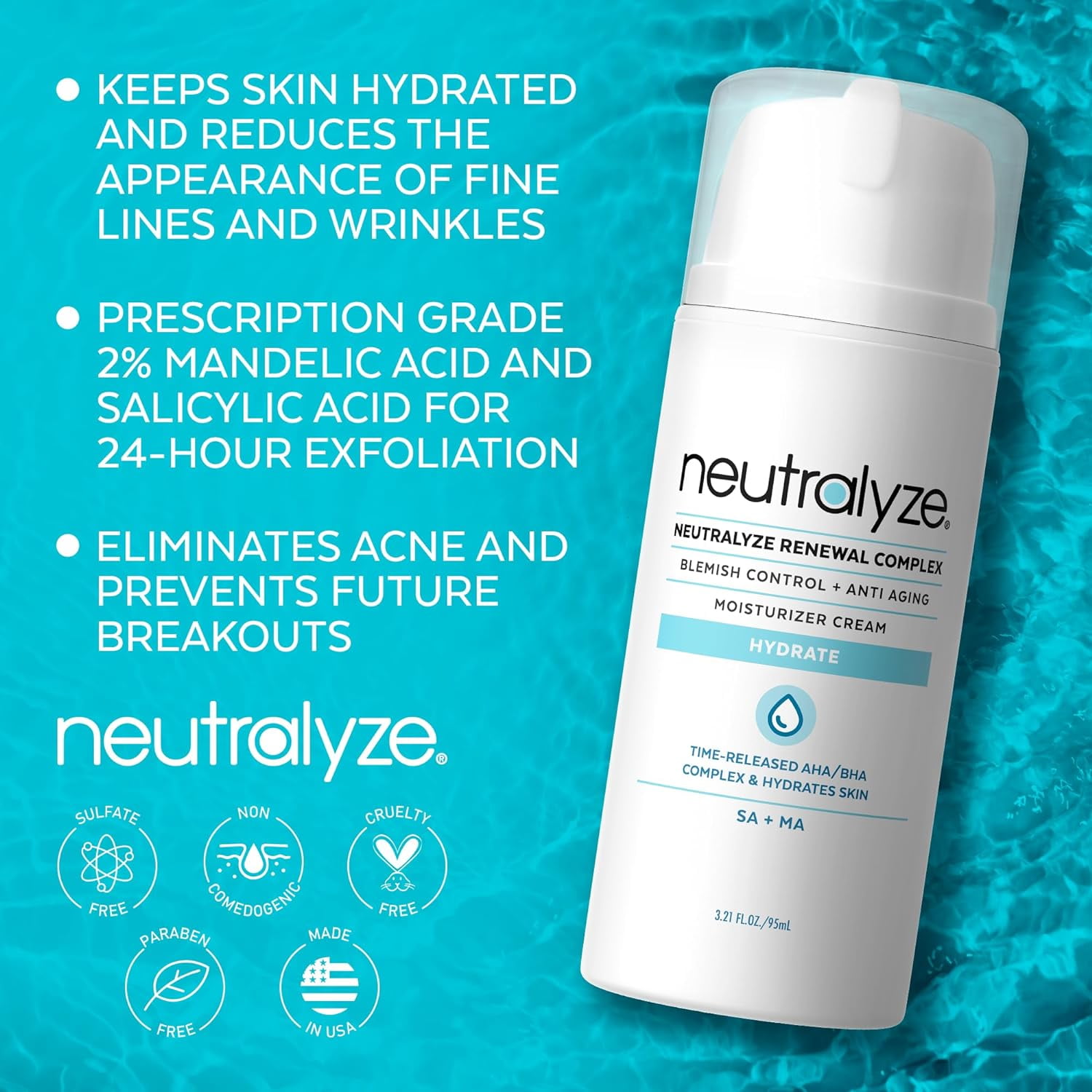 Neutralyze Renewal Complex Acne Moisturizer for Face - Time Released, Medical Grade 2% Mandelic Acid & Salicylic Acid Moisturizer Cream - Face Moisturizer for Acne Prone Skin (90+ Day)