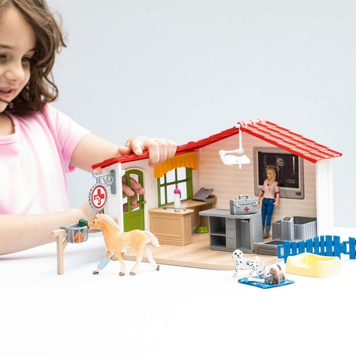 schleich Farm World - 43 PC Veterinarian Playset with Vet Figure, Horse, Dog, Cat and Accessories - Animal Care Toy Set for Kids Ages 3+