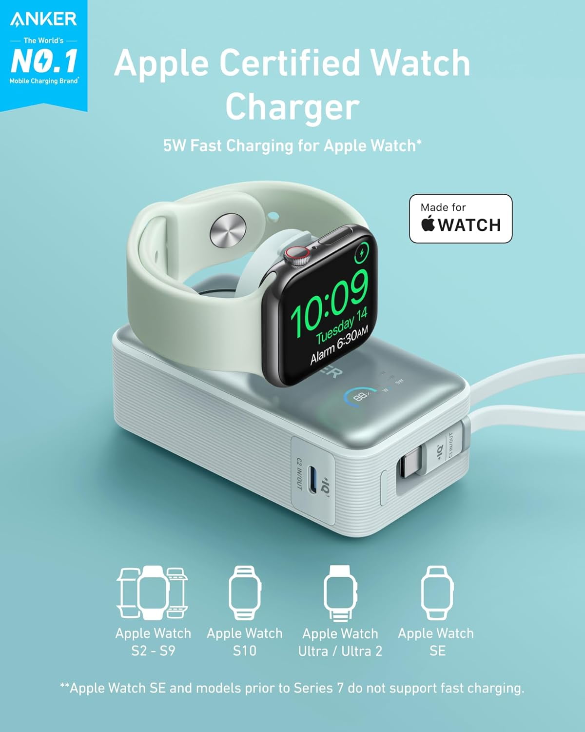Anker MagGo Power Bank for Apple Watch, Officially Certified 10,000mAh Compact Battery Pack with Built-in USB-C Cable, 35W Max, for iPhone 15 Series, Samsung, iPad, AirPods, and More(Green)