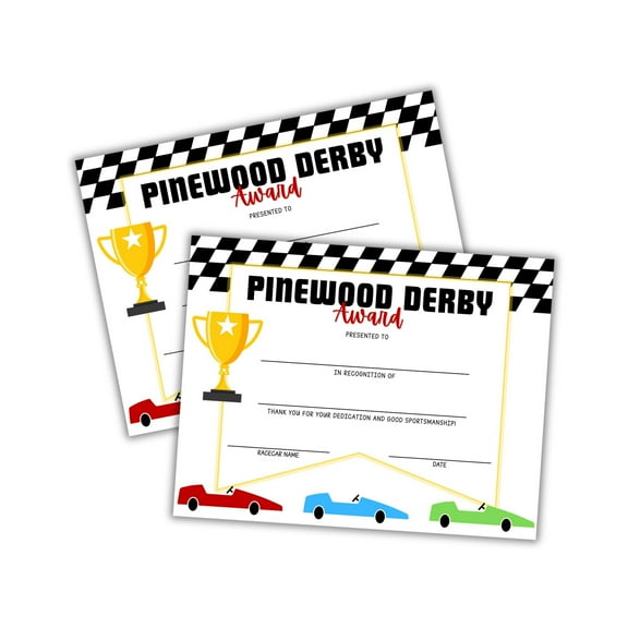Pine Derby Award Certificate 30pk 8.5x11 Competition Winner Car Race Scout Leader Racecar 1st Place Wood Working Contest
