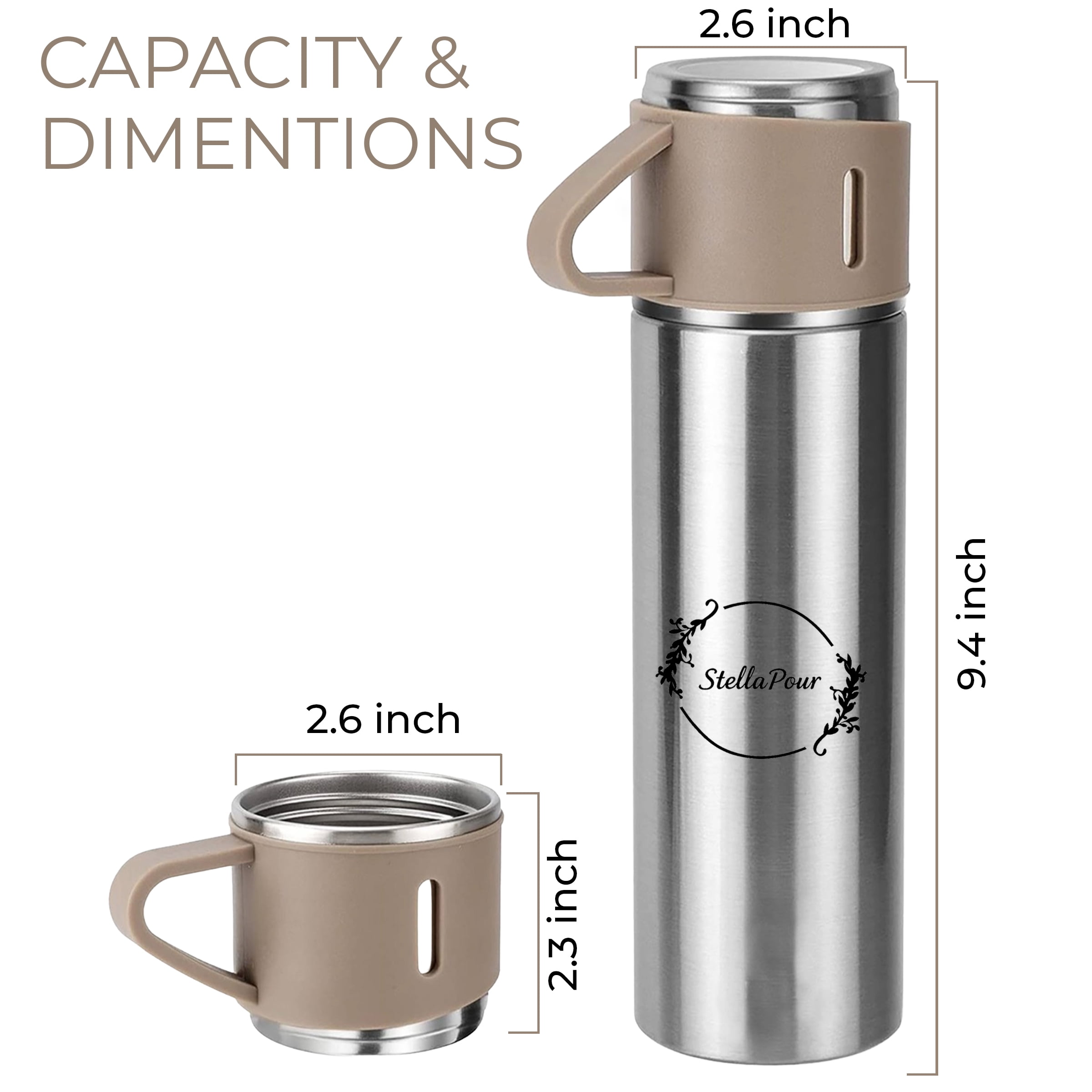 Stella Pour Stainless Steel Vacuum Insulated Water Bottle with Cup – 500ml/16.9oz Thermo Flask, Hot & Cold Coffee Thermos, Leakproof BPA-Free Travel Flask – BROWN