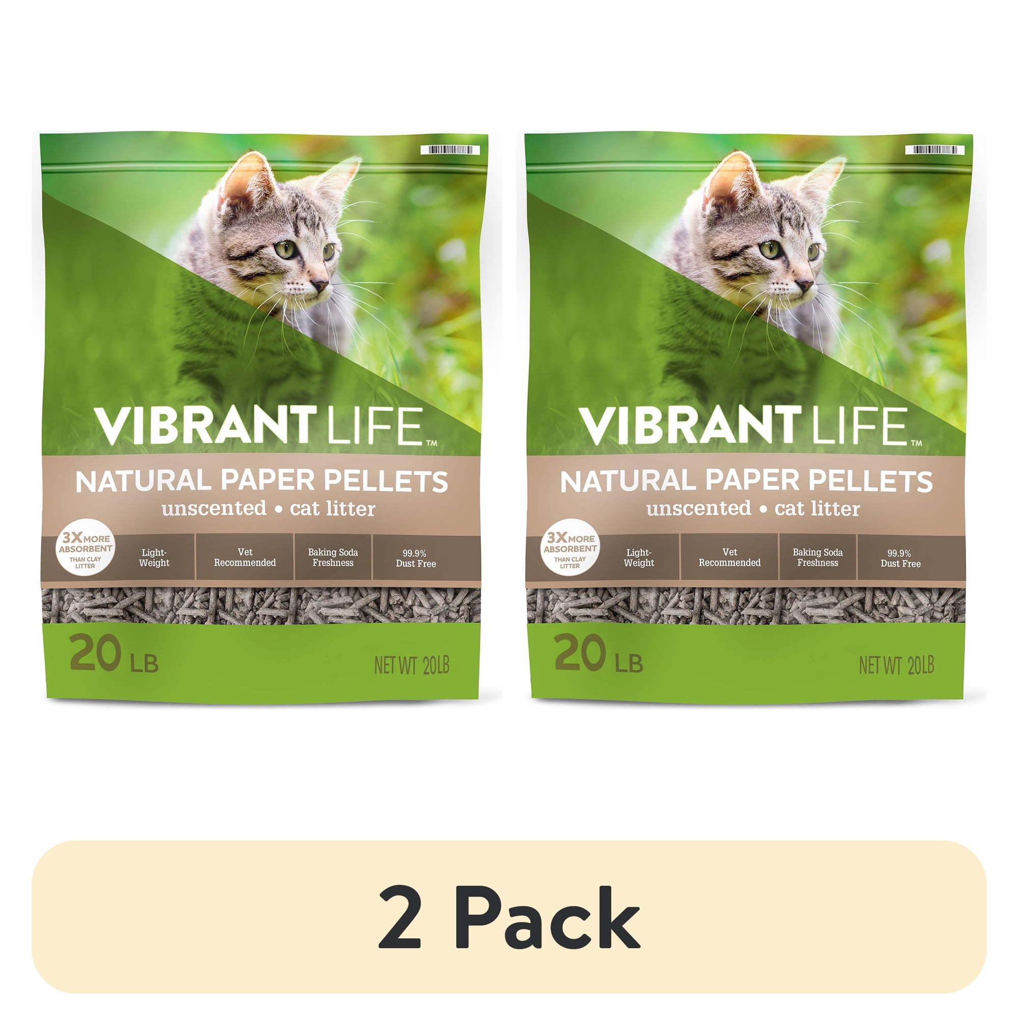 (2 pack) Vibrant Life Natural Paper Pellets Cat Litter, Unscented, 20 lb, 1 Count