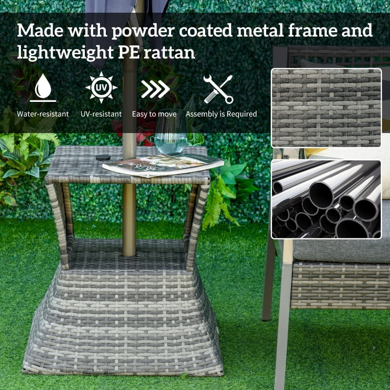 HOQBN Outdoor Side Table with Umbrella Hole, 2 Tier Rattan Wicker End Table with Storage Shelf, All Weather for Patio, Garden, Backyard, Mixed Gray