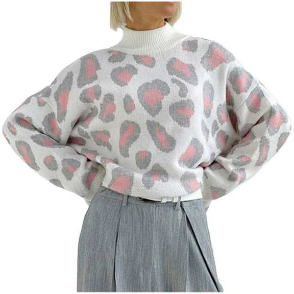 IROINNID Sweater for Women Knitted Stretch Winter Warm Leopard Print Bottom Shirt Casual Loose Fit All-match Sweater,Pink