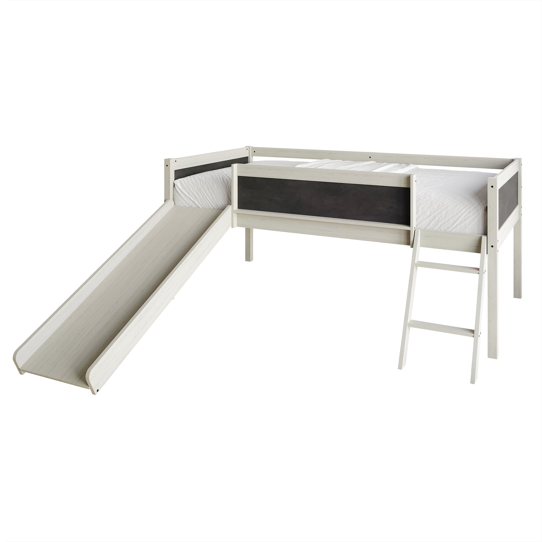 Castle Place Wooden Twin Junior Loft Bed with Chalkboard and Slide, Antique Grey