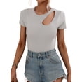 thumbnail image 4 of Arvbitana Women Solid Color T-shirt Short Sleeve Round Neck Cutout Ribbed Crop Tops Summer Casual Slim Fit Blouses Basic Tee, 4 of 9