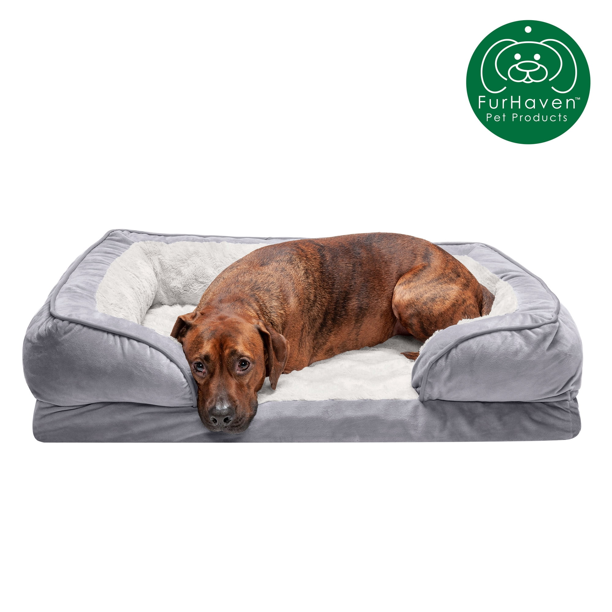 FurHaven Pet Products Velvet Waves Perfect Comfort Memory Top Sofa-Style Pet Bed for Dogs & Cats - Granite Gray, Large