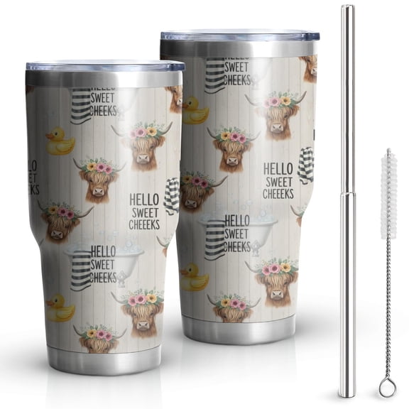 30oz White Highland Cow Flower Bathtub Pattern Tumblers Stainless Steel Tumbler with Lid and Straw,Vacuum Insulated Double Wall Travel Tumbler Cups Mug with Cleaning Brush for Coffee,Tea
