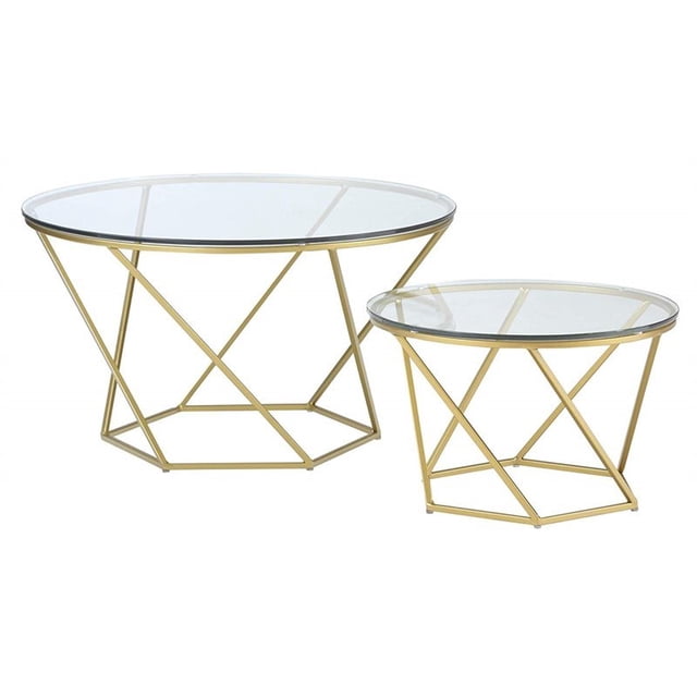 Pemberly Row Nesting Glass Top Round Coffee Table Set in Gold