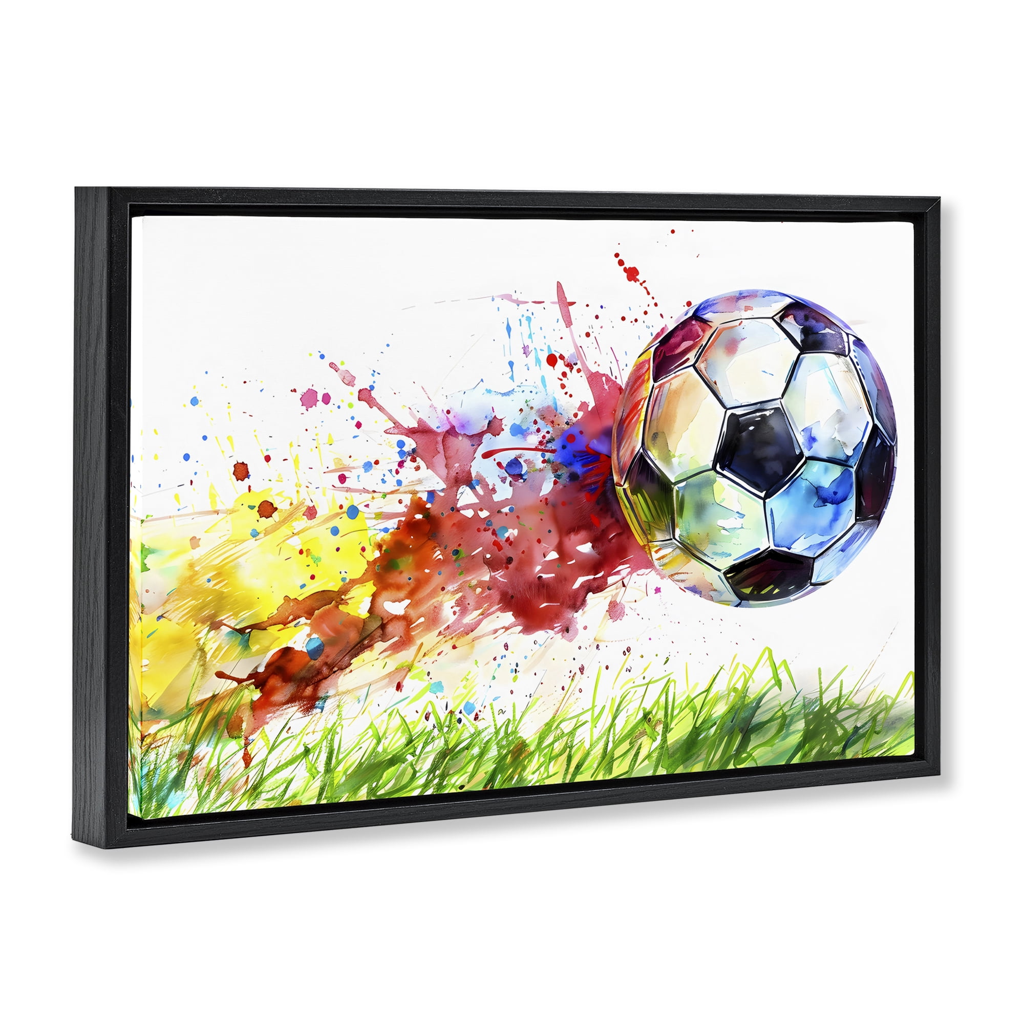 Stupell Industries Watercolor Soccer Ball in Motion Black Framed Floater Canvas Wall Art, design by Creative Studio