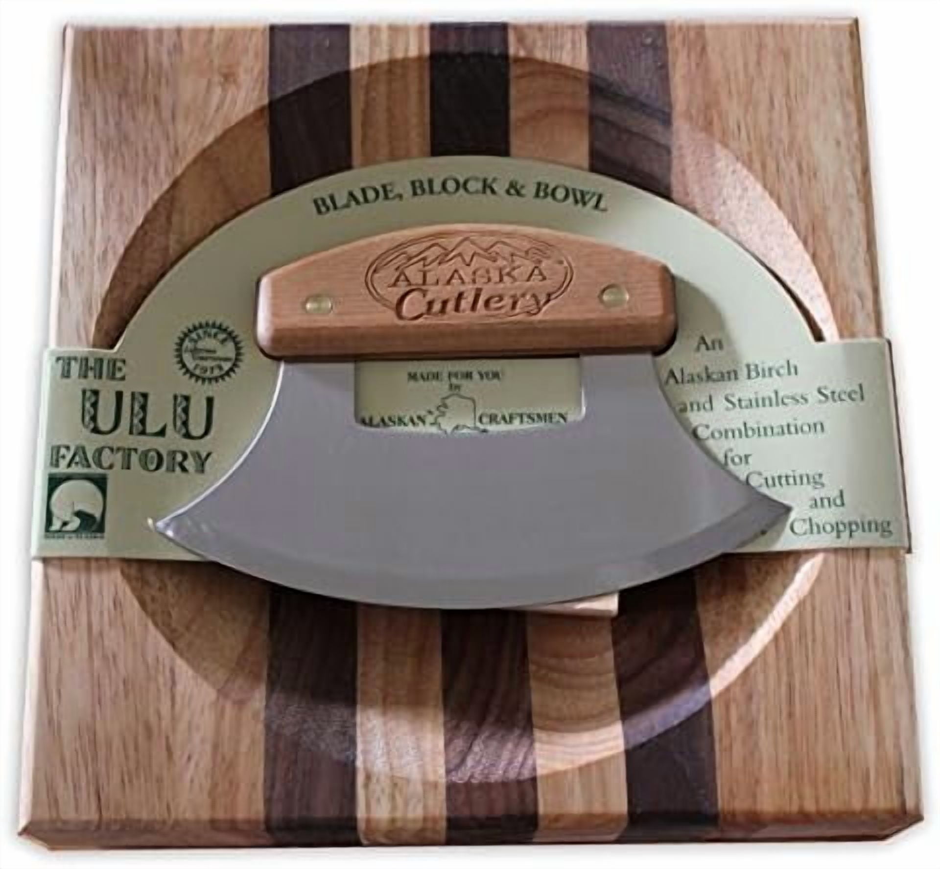Alaska Ulu Knife Set Curved Knife with Wood Handle plus Chopping Board Mezzaluna Made in Alaska USA Ulu Factory