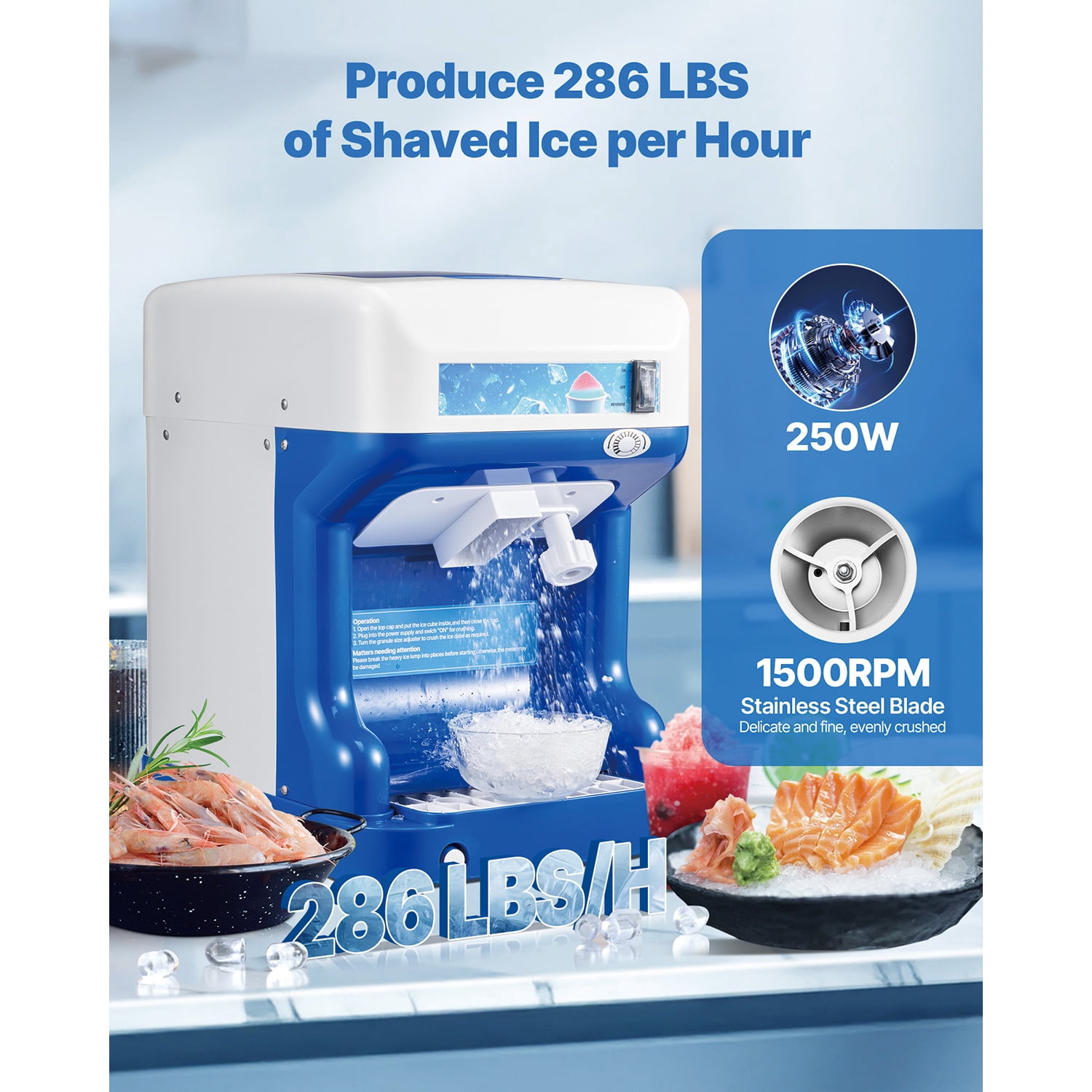 KFFKFF Electric Ice Shaver and Crusher, 286lbs/hr Snow Cone Maker with 2L Ice Storage, 250W 1500RPM Tabletop Machine for Parties, Events, Snack Bars, and Home Use (Blue)