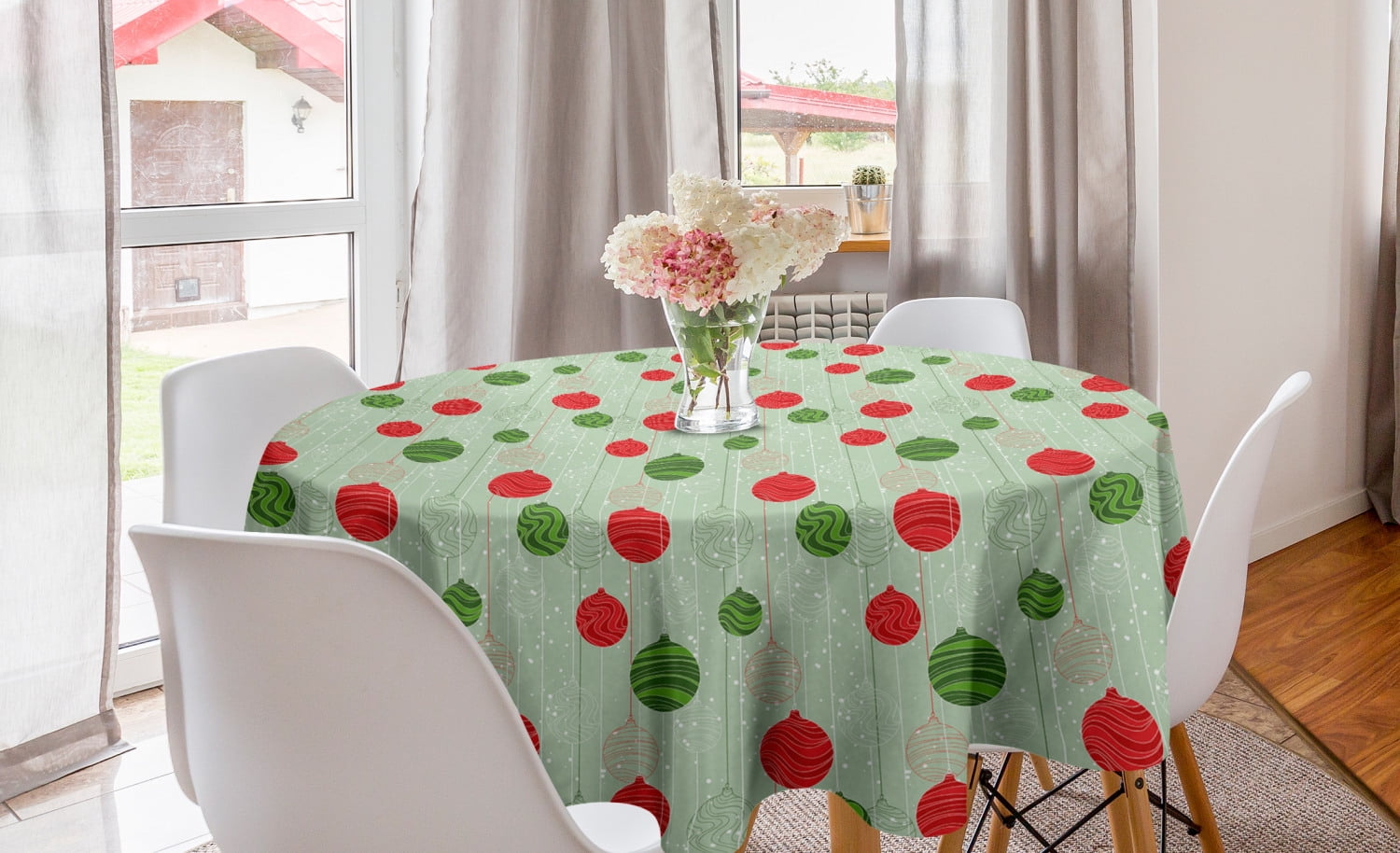 Christmas Round Tablecloth, Wavy Striped Baubles on Strings Snowy ...