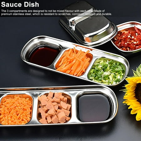 

OTVIAP Condiment Dish Sauce Dish Stainless Steel Three Grid Sauce Dish Seasoning Dish Snack Plate Food Dipping Bowl for Home Kitchen Hotel