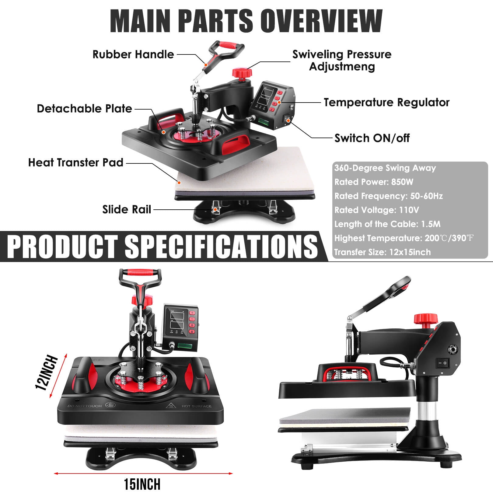 Adnoom 5 in 1 Heat Press Machine 15"x12" with LCD Control Panel, Full 360°Swing Away Heat Press Machine with Multi-Spring Pressure Knob, Sublimation Vinyl Digital Heat Press for Tshirt Cap Mug
