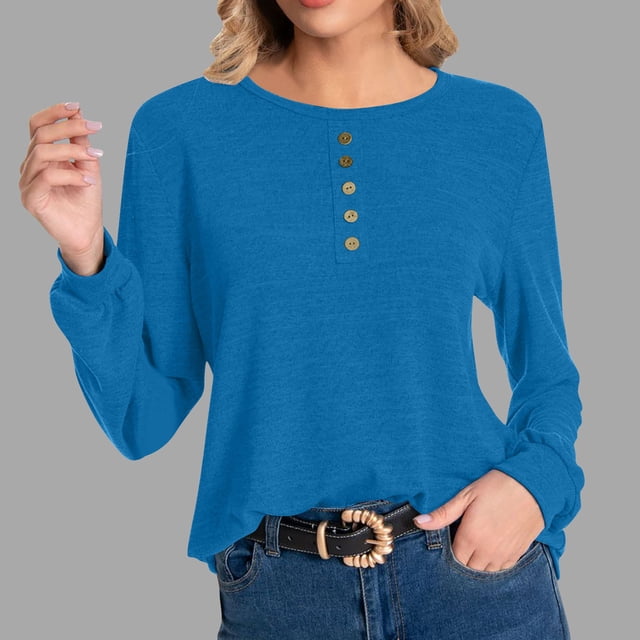 lcziwo Chandails à Col Rond pour Femmes, Couleur Unie, Manches Longues, Tunique Boutonnée, Automne Hiver, Chandail Décontracté Ample, Léger et Confortable, 2024, Bleu, TG