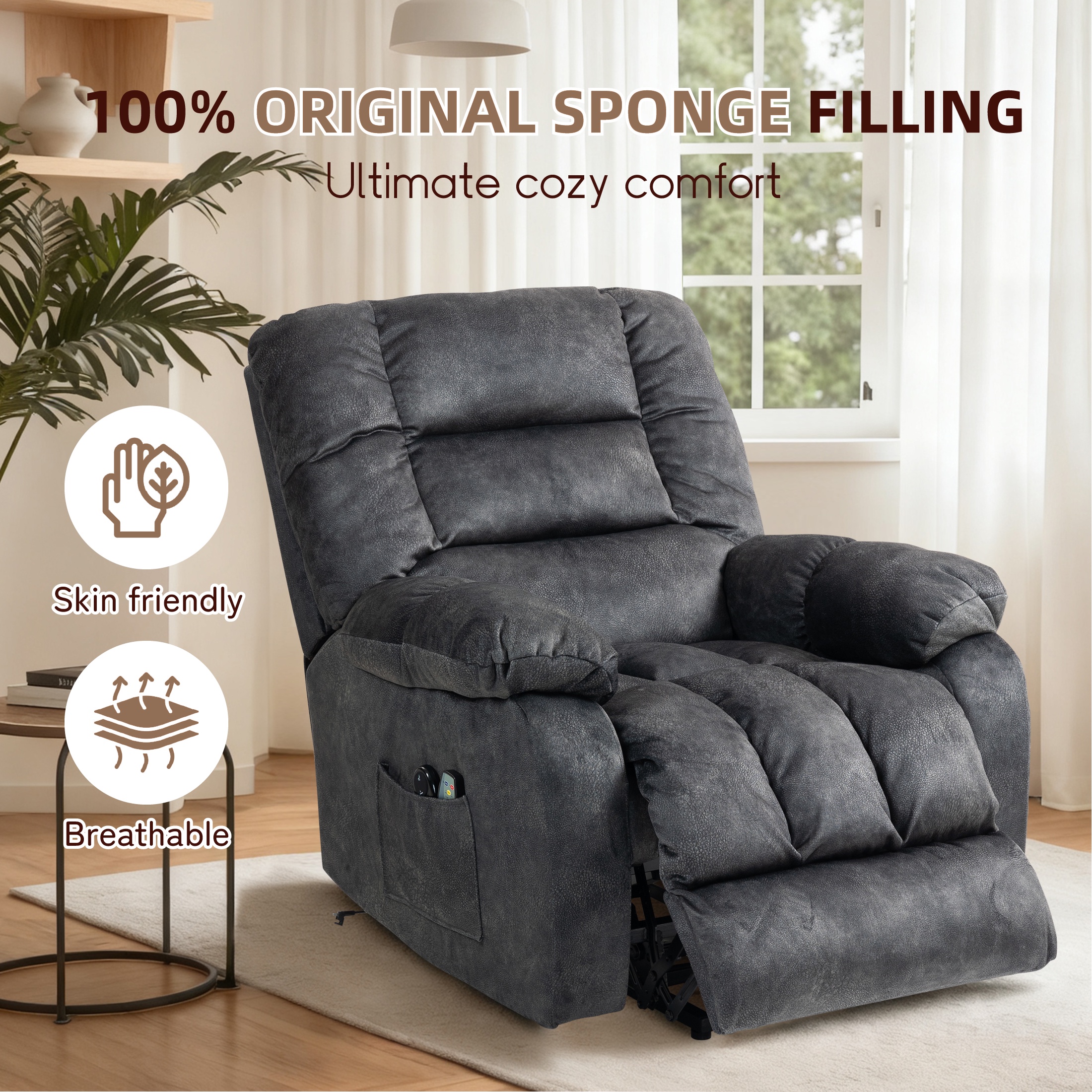 PAPROOS Recliner Chair, Electric Power Lift Recliner with Heat Therapy and Massage Function, Large Size Lift Chair with Remote and Side Pocket, Oversized Power Reclining Sofa, Gray Blue