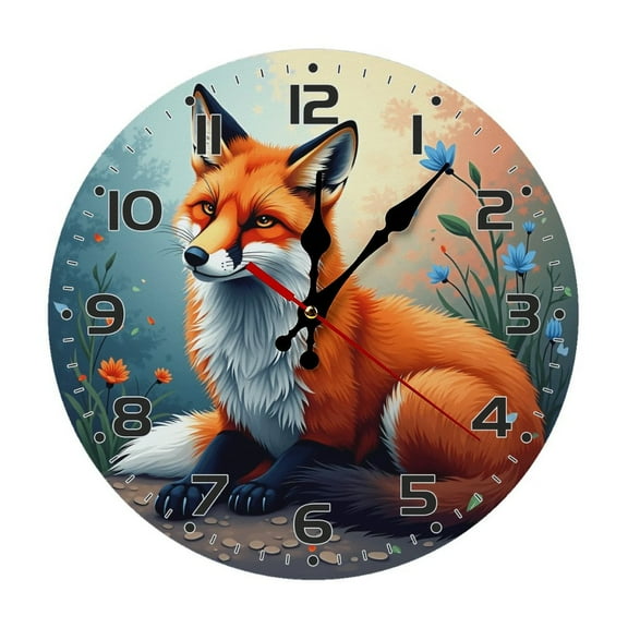 Orange Fox Wall Clock 10 Inch Silent Non Ticking Round Wooden Clock Decoration for Living Room Kitchen Bedroom Bathroom Office Classroom
