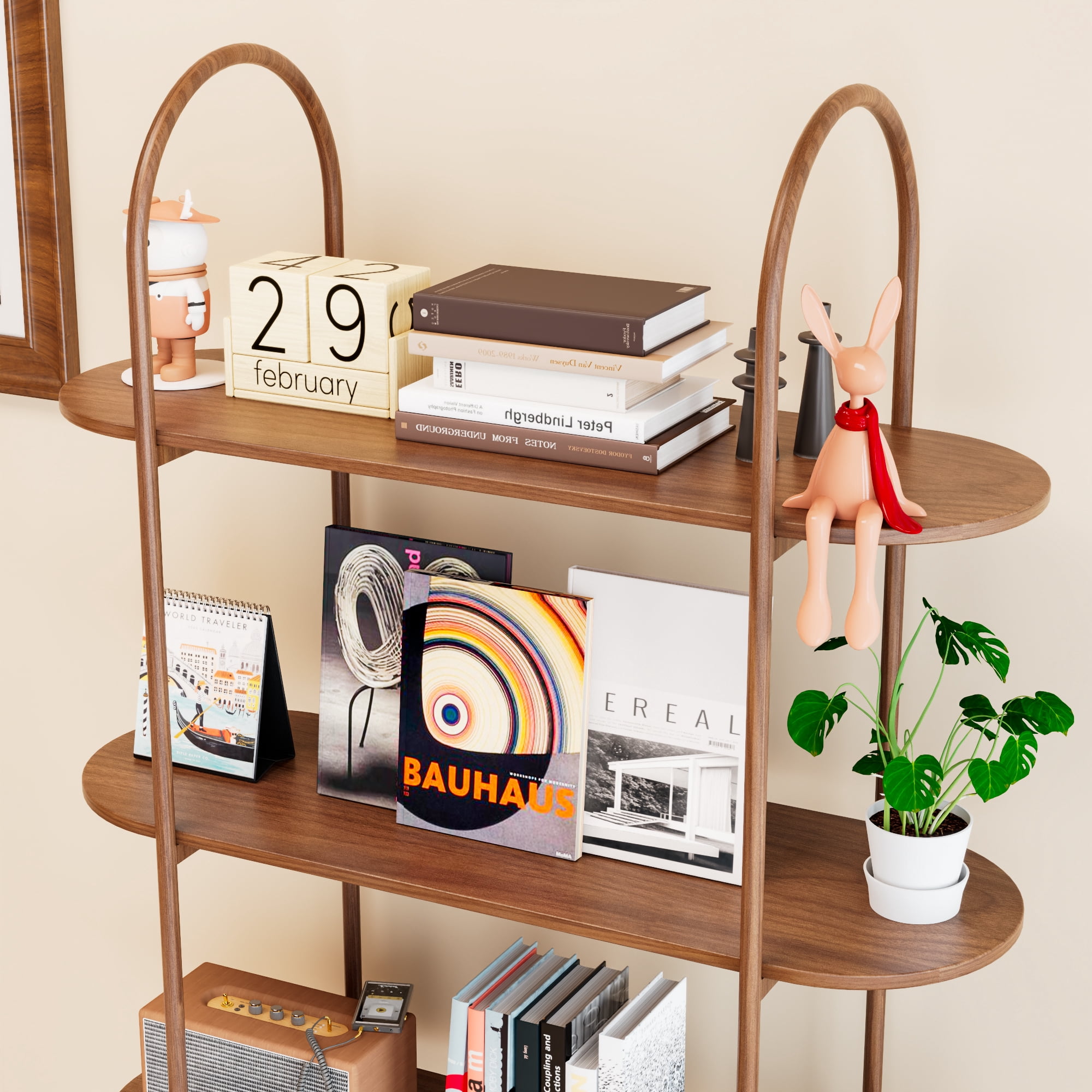 68.9" Tall Arched Bookshelf with with Sliding Tambour Doors, 4-Tier Open Display Storage Shelf, Vinyl Record Player Stand for Home Office, Living Room, Walnut