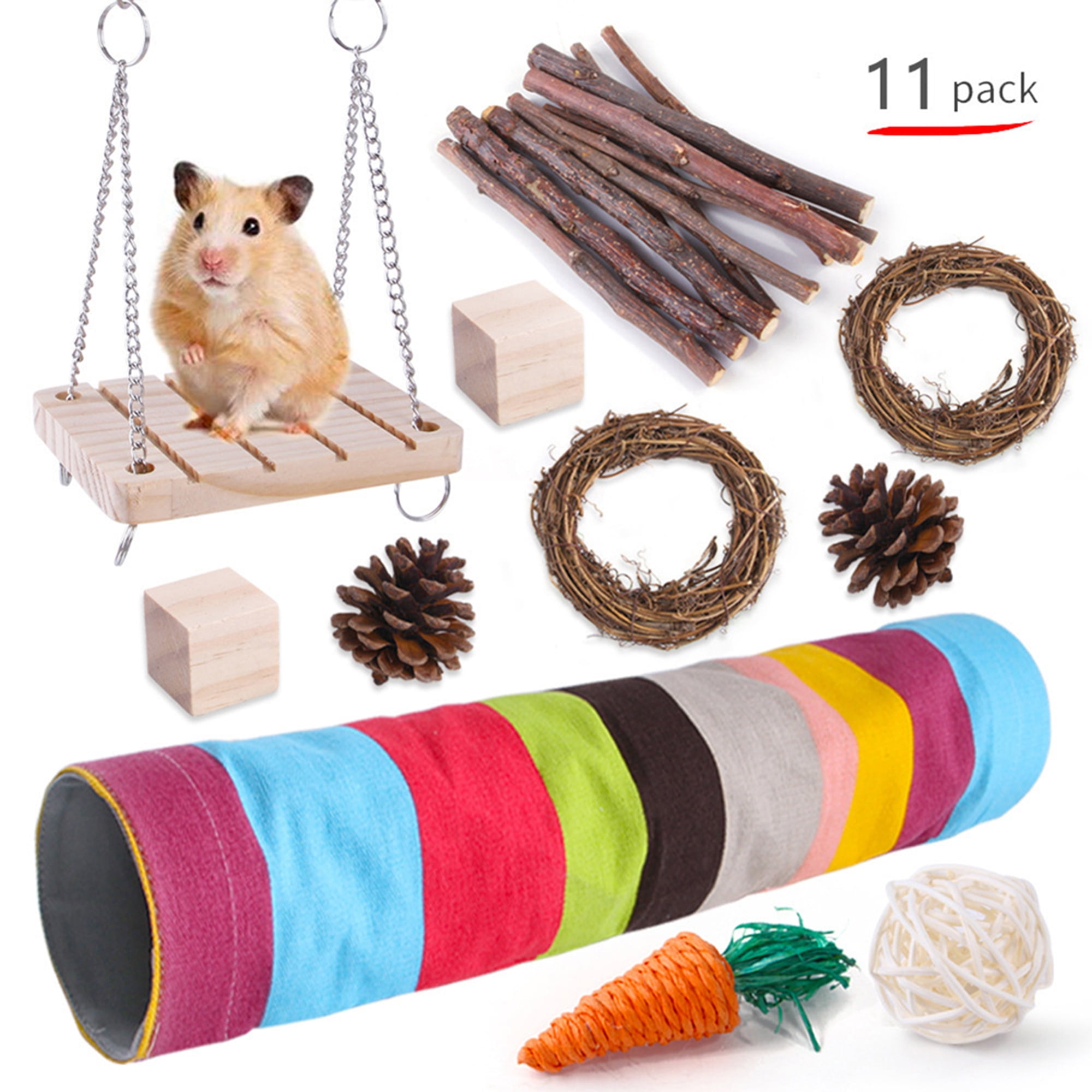 Hamster Chew Toy Set 11 Pack Small Pet Foldable Hideout Tunnel Teeth
