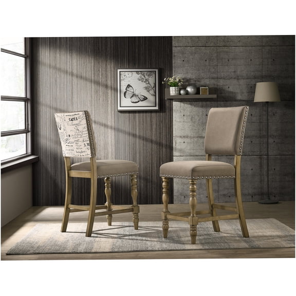 Birmingham Script Print Driftwood Finish Counter Height Dining Chairs, Set of 2, Brown
